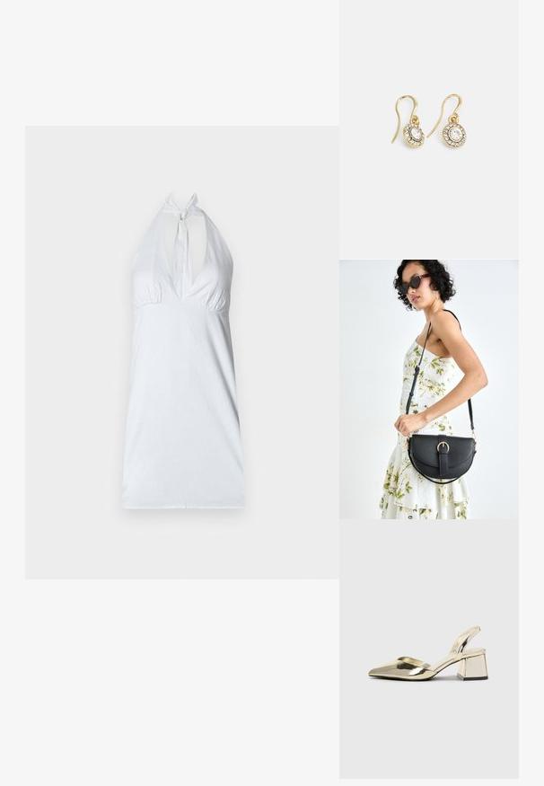 Bela halterneck majica z globokim V-izrezom, nabranimi detajli pod prsmi in nastavljivo vezavo okoli vratu. Gladka tekstura, minimalističen dizajn.; Zlati, kovinski slingback čeveljci z ostrim nosom in masivnim peto. Gladka tekstura, minimalistična zasnova in ozka zanka.; Črna usnjena torbica s ukrivljeno obliko, z odstranljivo naramnico in zlatimi dodatki. Torbica ima pokrov s podrobnostmi v obliki zaponke.; Zlato obarvani uhani z ovalnimi prozornimi kristali, ki jih obdajajo manjši prozorni kamenčki, s sistemom za oblačenje za varno nošenje.