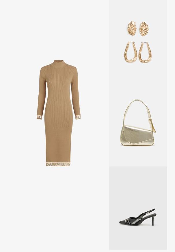 Hladké šaty s dlhým rukávom v farbe kamel s vysokým výstrihom. Obsahuje akcenty loga na rukávoch a leme. Vyrobené z elastického pleteného materiálu.; Čierne lakované kožené slingback topánky s špicatou špičkou, remienkami okolo členku s striebornými prackami a hardvérom, a štíhlým podpätkom.; Zlatá metalická kabelka so štruktúrovaným dizajnom, hladkou textúrou a nastaviteľným popruhom. Obsahuje jedinečný trojuholníkový tvar a minimalistické šitie.; Náušnice v zlatej farbe s textúrovanými, vlnitými tvarmi. Obsahujú sochárske klipsové náušnice a otvorený tvar krúžku s kladivkovým povrchom.
