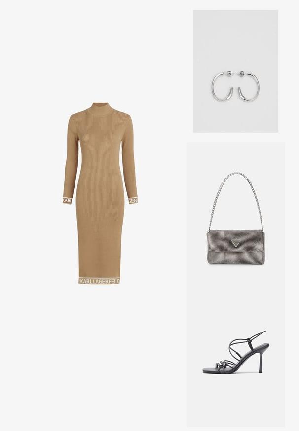 Ribota, garām piedurknēm, kleita kamieļu krāsā ar augstu apkakli. Ar logo akcentiem pie piedurknēm un apakšmalas. Izgatavota no elastīgas adīta materiāla.; Melnas augstpapēžu sandales ar plāniem siksniņām un mezgla dizainu, gluda kvadrātveida purngalu un elegantu stiletto papēdi.; Gaiši pelēka metāla rokassoma ar ķēdes siksnu, rotāta ar mazām apaļām metāla kniedēm un trīsstūra zīmola logo.; Sudraba riņķveida auskari ar gludu, spīdīgu apdari. Apaļas formas, viegla dizaina, ar aizdari uz stieples.