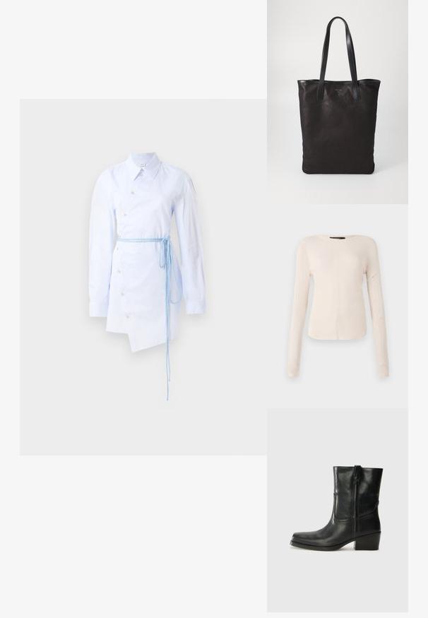 Raidallinen vaaleansinine paita-mekko, jossa on nappilista, terävä kaulus, pitkät hihat ja sidottu sininen vyö vyötäröllä. Epäsymmetrinen helma.; Pitkähihainen, vaaleanbeige paita, jossa on pyöreä kaula-aukko. Valmistettu pehmeästä kankaasta, jossa on keskeinen sauma ja hieman kaareva helma. Ei näkyvää metalliosaa.; Musta nahkasaapas nilkkamittaisella varrella, pyöreällä kärjellä, lohkarekorolla, sivuvetoketjulla ja ompeluaksentilla varren yläosassa. Suora pinta, klassinen muotoilu.; Mustat kangaskassit mustilla nahkahandleilla. Yksinkertainen muotoilu, tilava runko ja sileä pinta. Ei näkyviä logoja tai kuvioita.