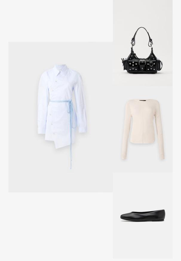 Vestido camisola listrado azul claro com fecho de botões, colarinho pontudo, mangas longas e um cinto azul atado na cintura. Barra assimétrica.; Camisola de mangas longas, bege claro, com decote redondo. Feita de um tecido macio, apresenta uma costura central e uma bainha ligeiramente curva. Sem ferragens visíveis.; Paul Smith TOPANGA - Sabrinas - black; Bolsa de couro preta com um design curvado, apresentando tachas prateadas, uma fivela e dois bolsos laterais. Alça ajustável para opções de transporte.