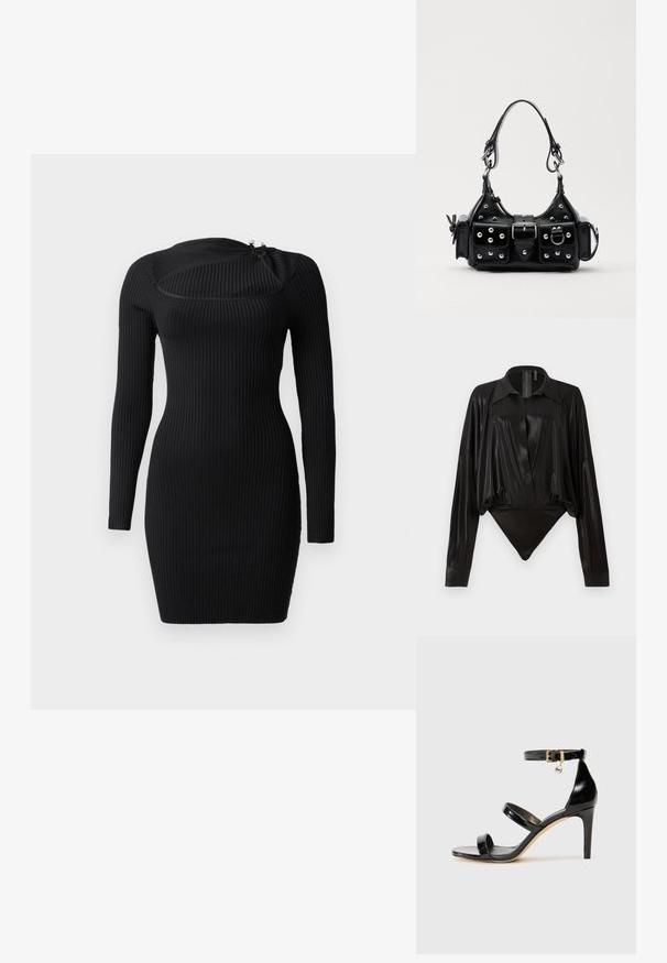 Vestido preto de manga longa com nervuras, apresentando um decote assimétrico único e um fecho de correr no ombro. Silhueta justa.; Bodysuit preto com mangas longas, decote em V e silhueta ajustada. Feito de um tecido brilhante e suave, com colarinho e punhos estruturados.; Sandal de couro envernizado preto com três tiras, fivela no tornozelo e salto agulha de 10 cm. Apresenta detalhes em hardware dourado e um charme com logotipo.; Bolsa de couro preta com um design curvado, apresentando tachas prateadas, uma fivela e dois bolsos laterais. Alça ajustável para opções de transporte.