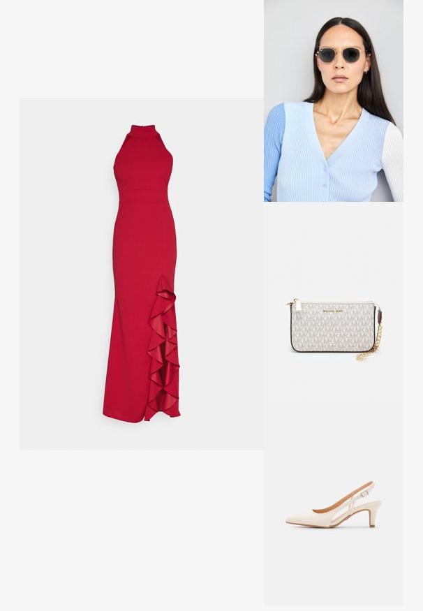 Piros pánt nélküli ruha, testhez simuló felsőrésszel és fodros oldalrecesszel. Simább anyagból készült, padlóra érő sziluettel rendelkezik.; Fehér slingback sarok, hegyes orral, sima felső anyaggal, alacsony blokk sarkával és oldalsó kivágott dizájnnal, állítható csatpánttal.; Kerek napszemüveg sötét lencsékkel és arany kerettel. A modellen világoskék, bordázott kardigán van gombokkal és kontrasztos fehér ujjaival.; Michael Kors bézs bevonatos vászon karkötő, amely ismétlődő MK logó mintával, aranyszínű fémrészletekkel és levehető lánchordóval rendelkezik.