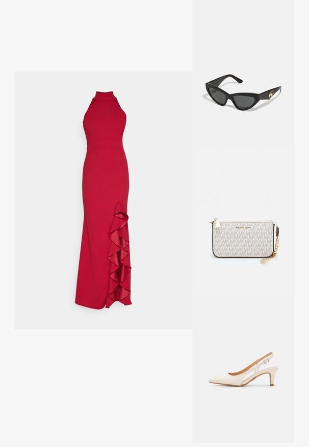 Rød halterneck-kjole med en tætsiddende overdel og et voluminøst side-accent. Lavet af glat stof, præsenterer en gulvlængde silhuet.; Hvide slingback hæle med spids tå, glat overmateriale, lav blokhæl og sideudskæringsdesign med justerbar spænderem.; Cat-eye solbriller med en mat sort kunststoframme, mørke linser og en guldfarvet logoaccent på stænger. Vinklet design og glat overflade.; Michael Kors håndleddstropp i beige belagt lær med et gentaget MK-logo mønster, guld hardware og en aftagelig kædestrop.