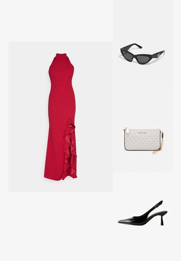 Rotes Neckholder-Kleid mit tailliertem Oberteil und gerafftem Seitenakzent. Aus glattem Stoff gefertigt, mit einer bodenlangen Silhouette.; Schwarze Lackleder Slingback-Pumps mit spitzem Zeh, ausgeschnittenen Seiten, verstellbarem Knöchelriemen und einem dünnen, eleganten Absatz.; Cat-Eye-Sonnenbrille mit mattem schwarzen Kunststoffrahmen, dunklen Gläsern und einem goldenen Logoplatz auf dem Bügel. Winkeliges Design und glatte Oberfläche.; Michael Kors Clutch in beige beschichtetem Canvas mit einem wiederholten MK-Logo-Muster, goldfarbener hardware und einem abnehmbaren Kettenriemen.