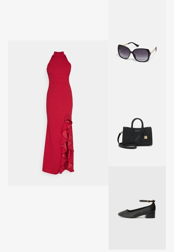 Vestido vermelho com alças àhalter, com um corpete ajustado e um detalhe de babado lateral. Feito de tecido suave, apresenta uma silhueta longa até ao chão.; Sandal de pele preta com bico pontiagudo e um salto bloco baixo. Apresenta uma tira no tornozelo com uma fivela em tom dourado. Textura suave.; Óculos de sol oversized pretos com lentes degradê, armações grossas e detalhes em corrente dourada nas hastes.; Bolsa de pele preta com um design estruturado, alças superiores e uma alça de ombro destacável. Apresenta ferragens douradas e um encantos de logótipo.