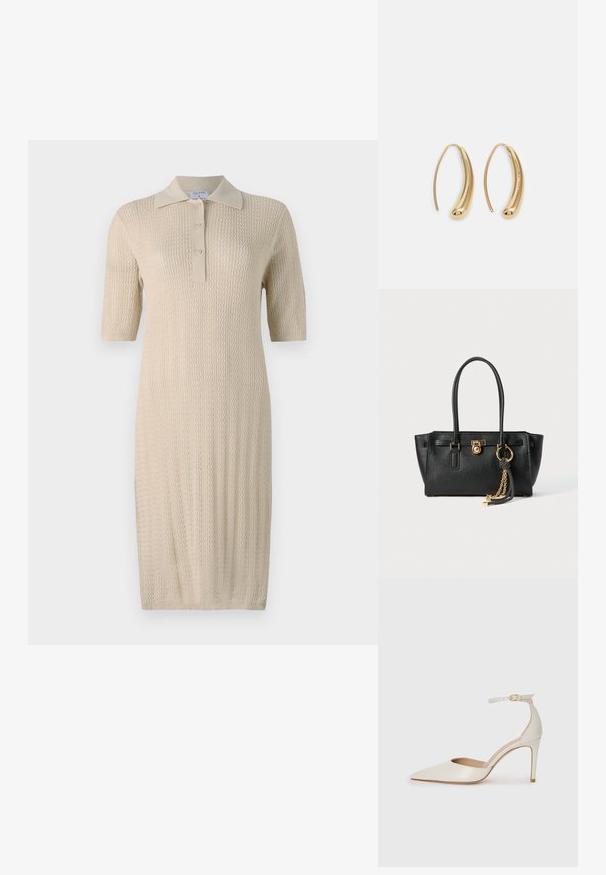 Vestuário de malha de cor creme com mangas curtas, colarinho estilo polo e fechamento por botão. Apresenta um padrão texturizado que se estende verticalmente ao longo do tecido.; Sapato de salto alto em pele branca com biqueira pontiaguda, faixa no tornozelo e um salto fino de stiletto. Textura suave com um leve acabamento brilhante.; Bolsa de pele preta com alças duplas, fecho dourado e detalhe em corrente, além de um acessório de tassel preto e branco, contra um fundo branco.; Brincos em metal dourado com forma de arco alongado e curvado. Apresentam uma superfície lisa e brilhante, com uma ponta arredondada para um detalhe adicional.
