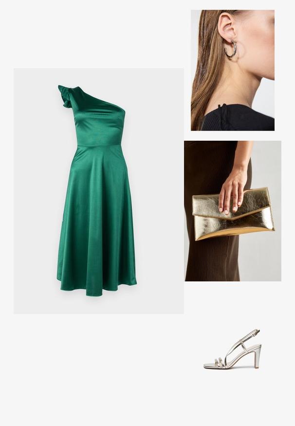Zöld selyemruha, egy vállon, folydogáló szoknyával, ami a vádli közepéig ér, és fodros díszítéssel a vállon. Simás textúra és fényes felület.; Fémes ezüst színű magassarkú szandál nyitott orral, három vékony pánttal a lábfejen és egy csatfüles bokapánttal.; Arany fémes clutch táska sima textúrával, háromszög alakú csattal. A kéz, amely tartja, szépen manikűrözött körmökkel rendelkezik.; Ez egy ezüst fülbevaló, sima felülettel, amelyen apró arany díszítőelemek találhatók. Kerek formájú és a fülcimpán viselik.
