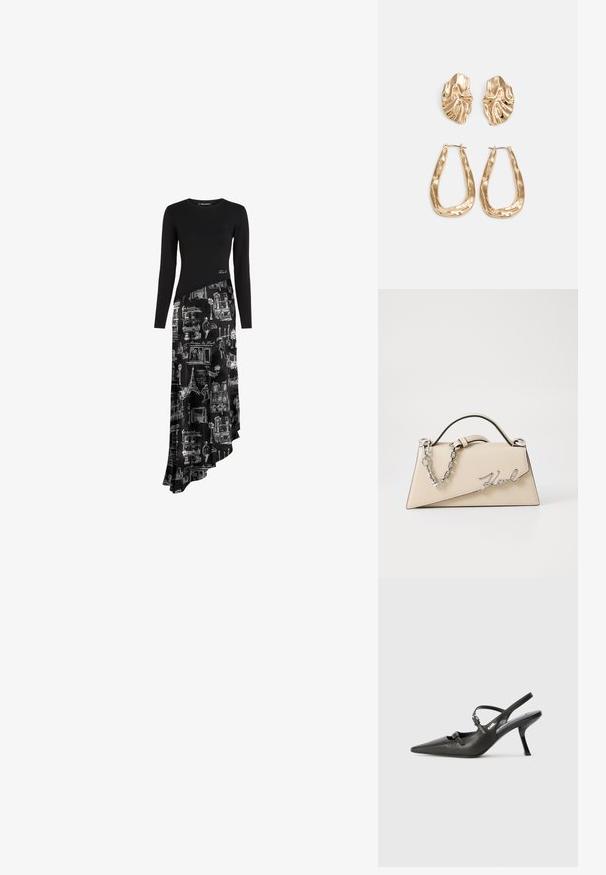 Schwarzes langärmliges Kleid mit asymmetrischem Saum. Der Oberteil besteht aus einfarbigem Stoff, während der Rock weiße architektonische Zeichnungen auf schwarzem Hintergrund zeigt.; Schwarzlederne Slingback-Absätze mit spitzer Zehenform, schlankem Absatz und dekorativem Schnallendetail auf dem Blatt. Glatte Textur und elegantes Design.; Beige Leder-Handtasche mit einer strukturierten, dreieckigen Form, ausgestattet mit einem silbernen Kettenhenkel und einem geschwungenen Logo aus Metall.; Ohrringe in Goldoptik mit strukturierten, gewellten Formen. Beinhaltet skulpturale Clip-Ohrringe und ein offenes Hoop-Design mit gehämmertem Finish.