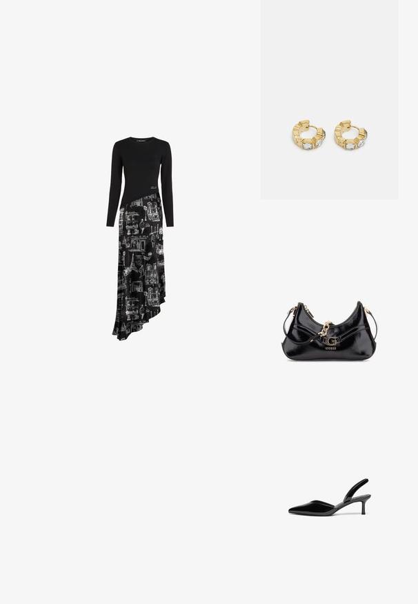 Czarna sukienka z długim rękawem i asymetrycznym dołem. Górna część wykonana jest z jednolitego materiału, natomiast spódnica zdobiona jest białymi rysunkami architektonicznymi na czarnym tle.; Czarne lakierowane obcasy typu slingback z wydłużonym noskiem, niskim obcasem typu stiletto oraz eleganckim, prostym designem bez ozdób.; Czarna torebka z lakierowanej skóry o zakrzywionym kształcie, z złotymi akcentami oraz wyraźnym logo. Zawiera odpinany pasek na ramię.; Złote kolczyki w kształcie obręczy z teksturowanym fasonem i trzema przezroczystymi kryształkami po jednej stronie, oferujące nowoczesną, geometryczną estetykę.
