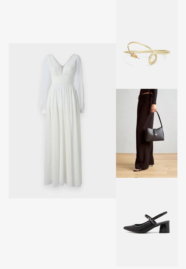 Pikk valge kleit V-kaelusega, istuv kehaosa ja voolav seelik. Omab pikki läbipaistvaid varrukaid ja tagumist tõmblukku. Sile tekstuur.; Mustad läikivad nahast slingback-kõrged kontsad, millel on terav nina, ümar lõikekujundus ja blokknina. Omab kuldset nupu aktsenti.; Must musta kott, millel on struktureeritud kuju, sile tekstuur ja metallist klamber. Kombineeritud laiate mustade pükstega ja avatud varvaste sandaalidega puidust põrandal.; Kuldne metallist käevõru, millel on voolav ja kõver disain. Ühel otsal on väike, silmapaistev hõbedane aktsent.