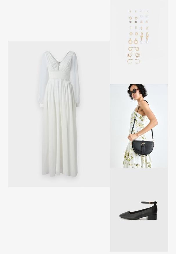 Hosszú, fehér ruha V-nyakkivágással, testhez simuló felső résszel és lágyan omló szoknyával. Hosszú, áttetsző ujjakkal és hátsó cipzárral rendelkezik. Sima textúra.; Fekete bőr magassarkú cipő hegyes orral és alacsony tömb sarkal. Bokapánttal rendelkezik, aranyszínű csattal. Simább textúra.; Fekete bőrtáska ívelt formával, levehető pánttal és arany színű fémrészekkel. A táskán egy csattal díszített fedél található.; Arany tónusú fülbevalók szettje, amely különféle mintákat tartalmaz, beleértve a stift fülbevalókat, karikákat és gyöngyökkel és strasszokkal díszített hosszú fülbevalókat.