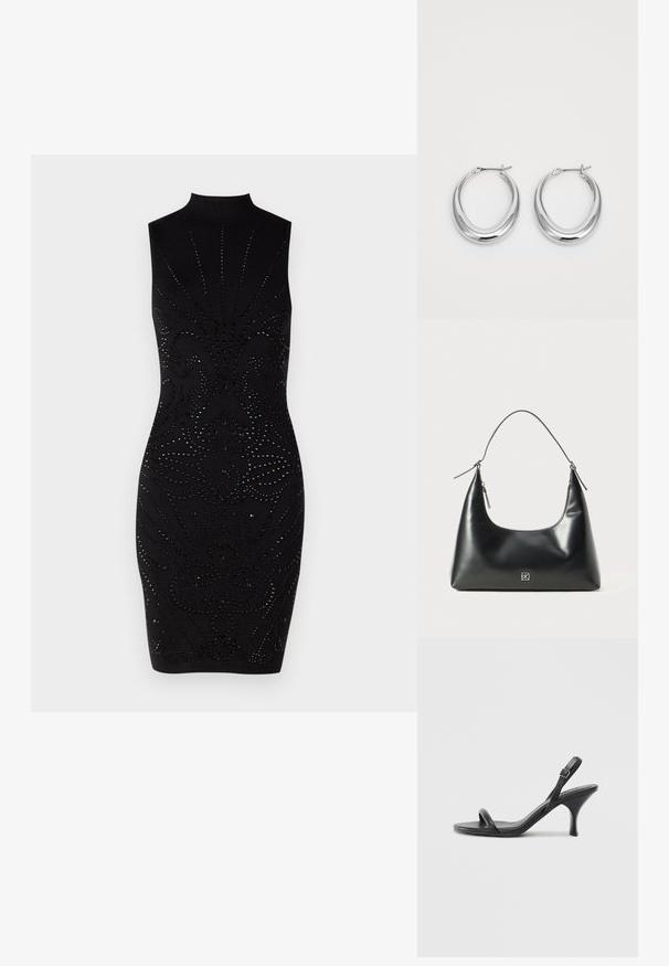 Svart ermeløs kjole med høy krage, som har et teksturert design av intrikate mønstre pyntet med svarte rhinestones. Figurnær passform.; Sorte skinnhøye hæler med en slank, buet hæl og et kryssrem-design. Justerbar ankelrem. Glatt tekstur.; Svart glatt lær skulderveske med buet topp, enkelt stropp, glidelås lukking og liten sølv logo emblem i midten foran.; Et par polerte sølv halvmåne hoop øredobber med hengselspenner på hvit bakgrunn.