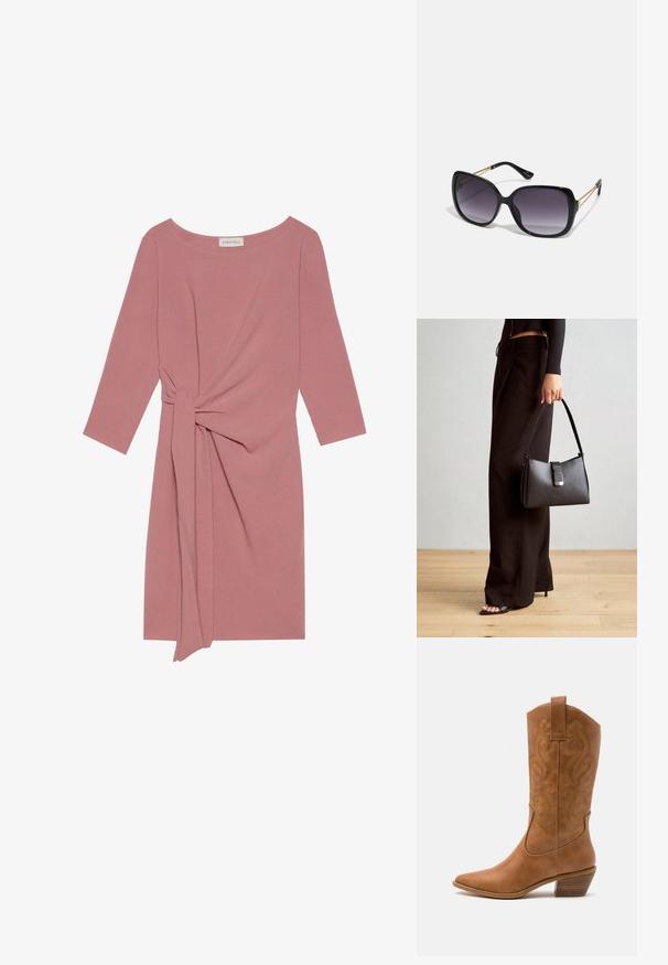 Rožinė iki kelių suknelė su trijų ketvirčių rankovėmis, mazgu juosmens akcentu ir minkštos, tekstūruotos medžiagos. Apvalus iškirpimas, paprastas dizainas.; Ruda odinė kantri batai su smailiu būtų pirštu, siuvinėtais spiralės raštais ant viršaus ir su kamščiu blokuotu kulnu. Yra tamprių užtraukių, kad būtų lengviau užsidėti.; Juodos didelės saulės akinių su pereinamais objektyvais, storomis rėmeliais ir auksinės spalvos grandinėmis ant šventyklų.; Juodas rankinė struktūrizuota forma, lygi tekstūra ir metalinis užsegimas. Suporuota su plačiomis juodomis kelnėmis ir atvirais bateliais ant medinių grindų.