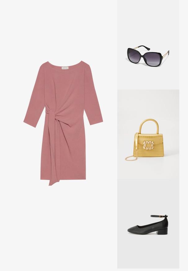 Rosa, knelange kjole med trekvartermidler, en knyttet detalj i midjen og et mykt, teksturert stoff. Rund hals, enkel design.; Sorte skinnpumper med spiss tå og lav blokkhelt. Har ankelrem med gullfarget spenne. Glatt tekstur.; Sorte oversized solbriller med gradient linser, tykke rammer og detaljering med gulltonekjede på tempelarmene.; Gul faux-krokodille veske med en strukturert design, toppen håndtak, avtagbar kjede stropp, og dekorativ krystallbortsettelse på låsen.