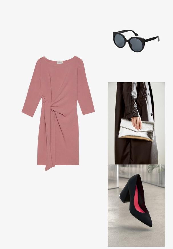 Rosa, knälång klänning med trekvartslånga ärmar, en knuten detalj vid midjan och ett mjukt, texturerat tyg. Rund halsringning, enkelt design.; Svart högklackad sko med spetsig tå, texturerad yta och en livlig rosa inredning. Har en kraftig klack med silverdetaljer.; Svarta överdimensionerade solglasögon med kattögaform, mörkt tonade linser och blank plastbåge. Har tjocka skalmar för stöd.; Silverfärgad metallisk kuvertväska med en vinkelrät design, slät textur och kontrasterande innervärd, hålls i en hand som bär en svart kappa.