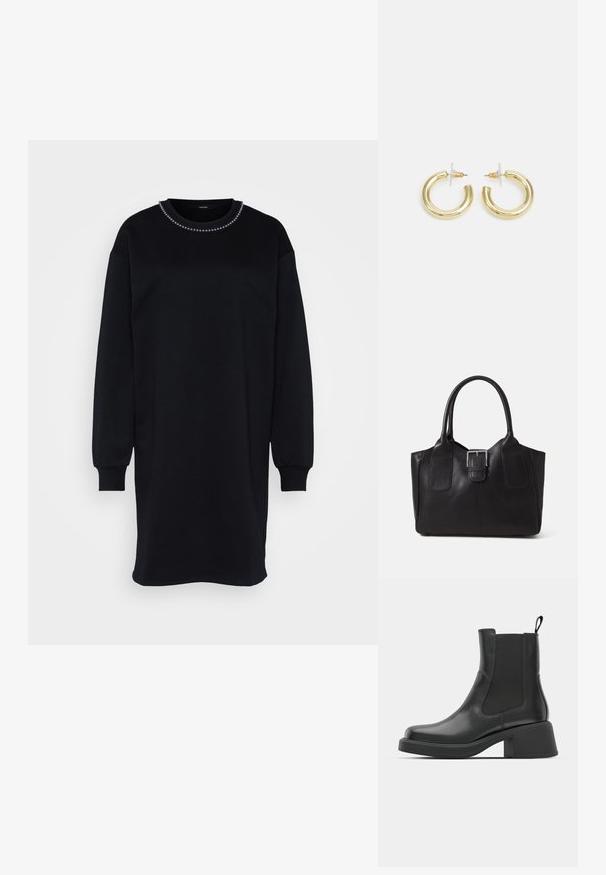Črna pulover obleka z dolgimi rokavi, okroglim izrezom in dekorativnimi biseri okoli ovratnika. Mehka tkanina, ohlapen kroj.; Črne usnjene gležnjarje z elastičnimi stranskimi paneli, zaobljenim nosom in masivnim blokastim peto. Gladka tekstura z minimalističnim dizajnom.; Črna usnjena torba s gladko teksturo, strukturirano obliko, dvema ročkama in izrazitim srebrnim sponko na sprednji strani.; Zlate uhane v obliki obročkov z gladko, sijočo površino. Krožna zasnova s majhnim nosilcem in prozornim podplatom za varno nošenje.