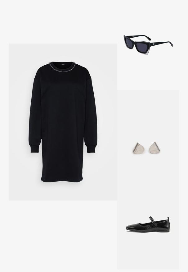 Svart sweatshirtklänning med långa ärmar, rund halsringning och dekorativ pärlbroderi runt kragen. Mjuk tyg, lös passform.; Svarta lackläderslägenheter med spetsig tå, en rem vid ankeln med spänne och en slät, glänsande yta. Låg klack för komfort.; Svart överdimensionerade solglasögon med geometrisk form, med mörka linser och en kontrasterande grå detalj på ramen. Logotyp på bygeln.; Silverfärgade metallörhängen med en slät, tårformad design och en polerad yta. Subtila gravyrer tillför detaljer. Minimalistisk design.