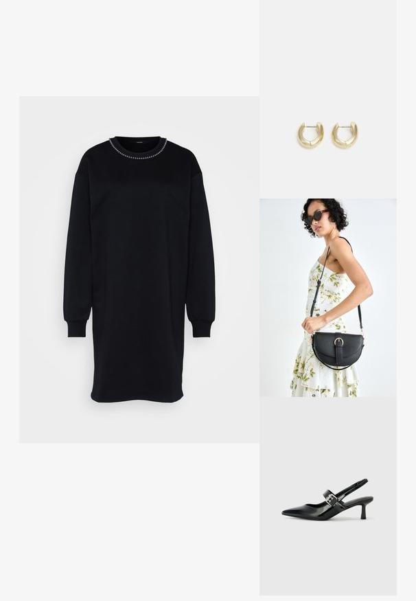 Black sweatshirt dress with long sleeves, round neckline, and decorative beading around the collar. Soft fabric, loose fit.; Black patent leather slingback heels with a pointed toe and a small block heel, featuring a silver buckle accent on the strap.; Black leather handbag with a curved shape, detachable strap, and gold hardware. The bag features a flap with a buckle detail.; Gold-tone hoop earrings with a smooth, polished finish. Features a half-circle shape and a secure post closure.