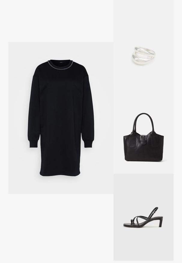 Crna haljina s duksericom dugih rukava, okruglim izrezom i dekorativnim perlicama oko ovratnika. Mekana tkanina, opušteni kroj.; Crne sandale s trakama, kvadratnim prstom i niskom blok petom. Ima više tankih trakica i podesivu trakicu oko gležnja. Izrađene su od glatke kože.; Crna kožna torba za nošenje s glatkom teksturom, strukturiranim oblikom, dvije ručke i istaknutim srebrnim kopčanjem na prednjoj strani.; Srebrna dvostruka prsten s glatkom, poliranom površinom. Karakterizira ga fluidan, zakrivljen dizajn s preklapajućim sekcijama za moderan izgled.