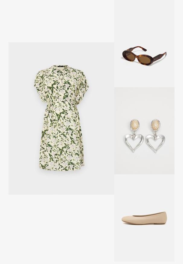 Abito floreale con foglie verdi e fiori viola su uno sfondo crema chiaro. Maniche corte, vita aderente e lunghezza sopra il ginocchio.; Ballerine in pelle beige con punta arrotondata, dettagli di cucitura minimi, tacco basso e logo discreto sul retro. Texture liscia e opaca.; Occhiali da sole tartaruga con lenti ovali, tonalità marrone e accenti dorati sulle aste. Montatura spessa con una finitura lucida e una texture liscia.; Orecchini a forma di cuore in argento con una finitura lucida. Ognuno presenta un fermaglio ovale beige con texture. Design elegante e leggero.