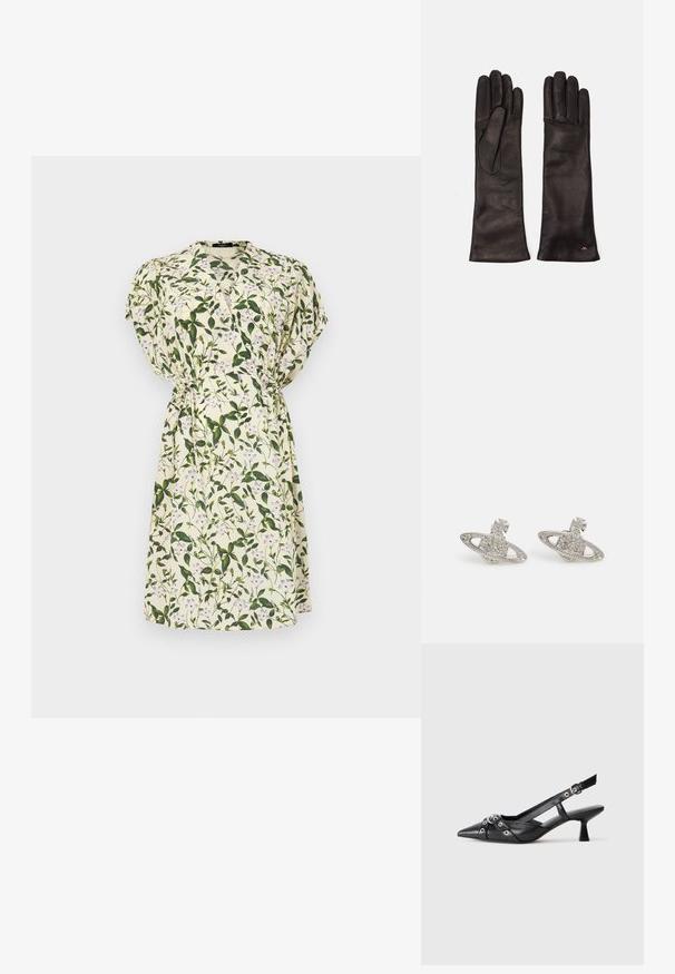 Kukallinen mekko, jossa on vihreitä lehtiä ja violetit kukat vaalean kermanvärisellä taustalla. Lyhyet hihat, vyötäreltä kireä ja polven ylle ulottuva pituus.; Mustat nahkakengät, joissa on avonainen takaosa ja kärjessä terävä muoto, koristevyöt, joissa on metalliset reiät, sekä matala lohkoepohja. Teksturoitu pinta.; Weekend Max Mara SENAPE - Sormikkaat - nero; Hopeakorvarenkaat, jotka on muotoiltu Saturnukseksi, sisältävät strukturoitua planeettaa renkaineen, koristeltuna pienillä kirkkailla kristalleilla ja nauhamuotoisella nupilla.