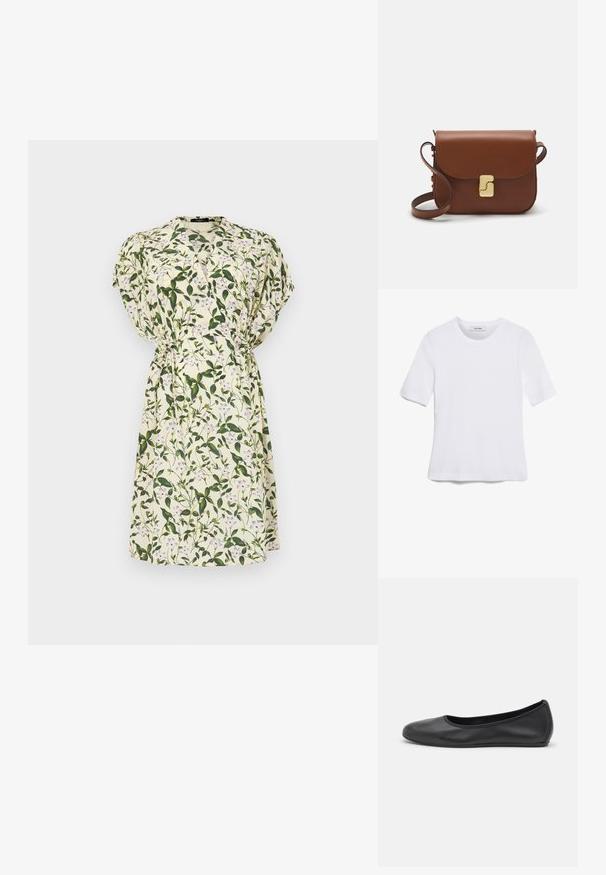 Floral dress with green leaves and purple flowers on a light cream background. Short sleeves, cinched waist, and above-the-knee length.; White short-sleeve t-shirt made of ribbed fabric. Round neckline, regular fit, and subtle stitching details. No patterns or graphics.; Black leather ballet flat with a rounded toe, smooth texture, minimal stitching detail, and a flexible sole design.; Brown leather handbag with a flap closure, gold-tone hardware, a shoulder strap, and a smooth texture. Compact rectangular shape.