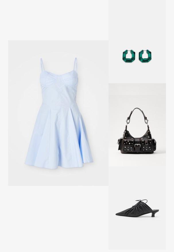 Ljusblå klänning med figursydd bodice, justerbara spaghetti-band och en utställd plisserad kjol med en slät textur.; Svarta läder slip-on mules med spetsig tå, sammanknipen textur och en liten kitten heel. Har en dragsnörningsdetalj vid öppningen.; Svart läderhandväska med nitar, rektangulär form, två framfickor och ett böjt handtag upptill. Spänne och tryckknappsdetaljer.; Gröna akrylörringar i en oktagonal form med facetterade kanter, med en metallspänne för säker förslutning.