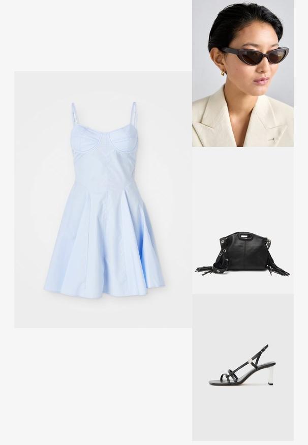 Lichtblauwe jurk met een getailleerde bodice, verstelbare spaghettibandjes en een uitlopende plooirok met een gladde textuur.; Zwarte hakken sandalen met meerdere smalle banden, een slingback ontwerp en een zilveren accent op de hak. Glad bovenmateriaal en vierkante hak.; Bruine cat-eye zonnebril met donkere lenzen, voorzien van dikke monturen en een zachte textuur, gecombineerd met een beige blazer en gouden creolen.; Maje MISS MINI - Schoudertas - noir