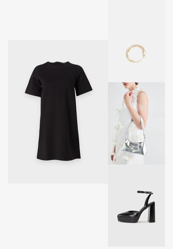 Crna haljina kratkih rukava s okruglim izrezom i zatvaračem na leđima. Jednostavan dizajn od mekanog materijala, do koljena.; Crne platforme s potpeticom s oštrim vrhom i podešivom naramenicom. Izrađene od glatke kože, s masivnom blok petom.; Srebrna metalik torbica sa strukturiranim oblikom, s gornjom drškom i detaljem mašne sprijeda. Glatka tekstura, reflektirajući finiš.; Prsten u zlatnoj nijansi s organskim, uvijenim dizajnom, glatkom teksturom i suženim krajevima, koji stvara moderan, skulpturalni izgled.