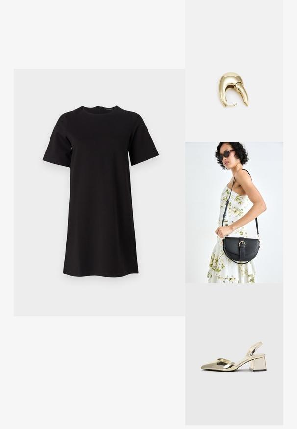 Melnas īsu piedurkņu kleitas ar apaļu kakla izgriezumu un aizmugurējo rāvējslēdzēju. Vienkāršs dizains no mīksta auduma, kas krīt līdz pusšķirtai.; Zeltaini, metāla kurpes ar siksniņām, norakans purngalis un masīla papēdis. Gluda tekstūra, minimālisma dizains un šaura siksna.; Melnas ādas rokassoma ar izliekta formu, noņemamu siksnu un zelta aksesuāriem. Somai ir vāciņš ar sprādzes detaļu.; Zeltīti metāla auskari ar gludu, izliekta dizaina. Ar atšķirīgu smailu formu, pulētu virsmu un eņģu aizdari.