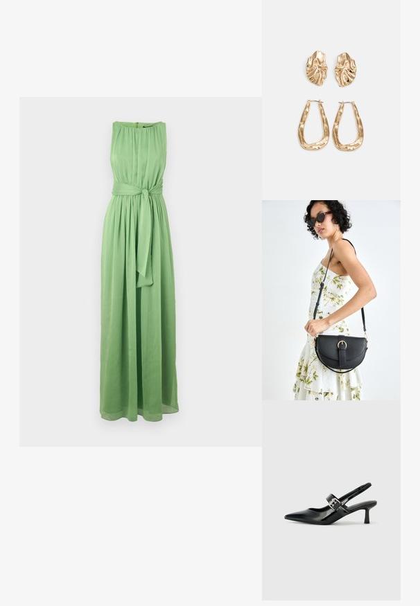 Rochie lungă, fără mâneci, de culoare verde, confecționată dintr-un material ușor, cu o gâtă plisată și o talie accentuată printr-un curea, pentru o siluetă bine definită.; Sandale cu toc din piele patent neagră, cu vârful ascuțit și un toc mic bloc, având un accent cu cataramă argintie pe curea.; Geantă din piele neagră, cu o formă curbată, curea detașabilă și accesorii aurii. Geanta are un capac cu un detaliu tip cataramă.; Cercei aurii cu forme texturate și ondulate. Include studs sculpturale cu clip și un design de cerc deschis cu un finisaj cioplit.