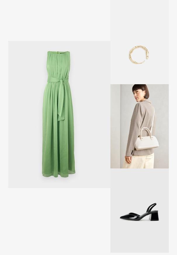 Garšs, bez piedurknēm zaļš kleitas modelis, izgatavots no viegla auduma, ar savilktu dekoltē līniju un jostu vidukļa akcentēšanai.; Melna lakota āda ar atvērto papēdi, ar smailu purngalu un ģeometrisku blokpapēdi. Iezīmējas elegants, minimāls dizains un gluda tekstūra.; Balta strukturēta roku soma ar īsām rokturiem un plecu siksnu, ar zelta aparatūras akcentiem un strukturētu materiālu, izstādīta uz pelēka fona.; Zelta toņa gredzens ar organisku, vērptu dizainu, gludu virsmu un sašaurinātiem galiem, radot mūsdienīgu, skulpturālu izskatu.