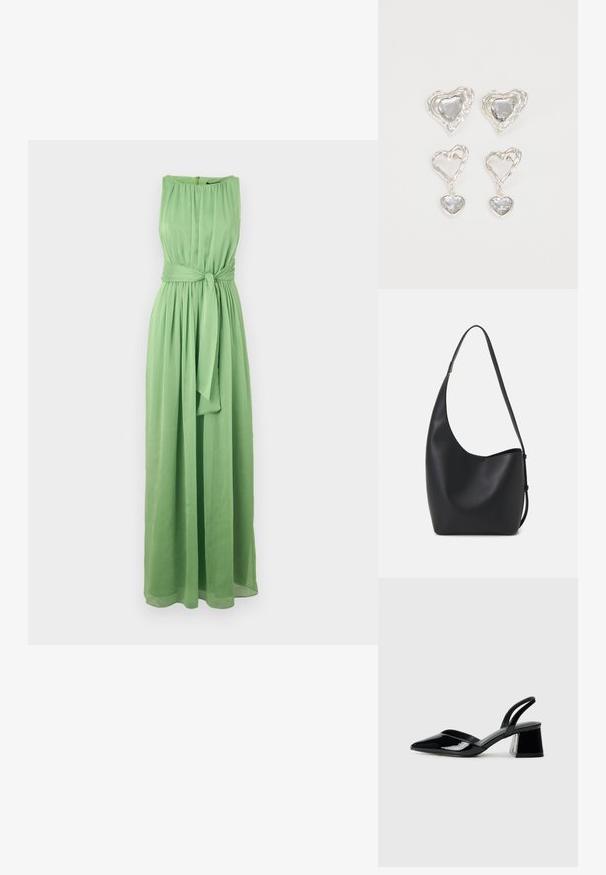 Vestido longo, sem mangas, verde, feito de tecido leve com decote franzido e uma cintura com cinto para uma silhueta definida.; Sandy em verniz preto com salto slingback, ponta afilada e salto geométrico. Apresenta um design elegante e minimalista com textura suave.; Saco hobo preto em pele com uma textura lisa, forma curva e uma única alça ajustável; apresenta uma abertura larga na parte de cima.; Os brincos em forma de coração prateados apresentam pedras claras facetadas, com uma moldura texturizada. O conjunto inclui estilos de botão e de gota.