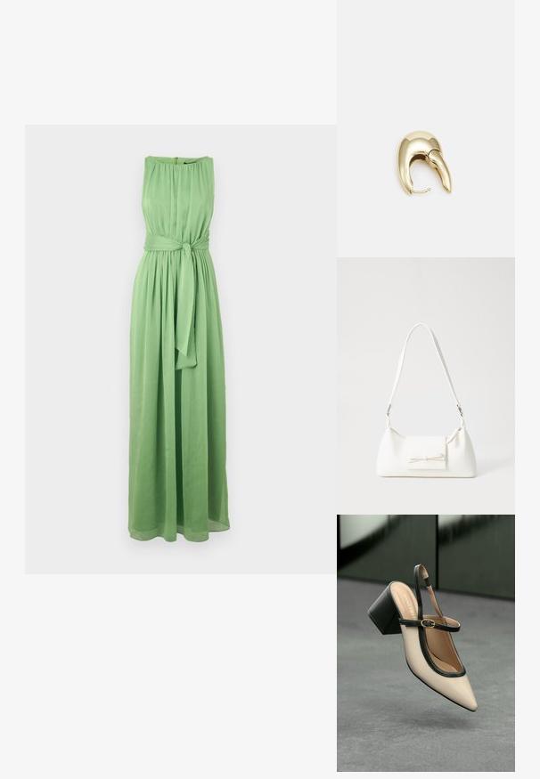 Hosszú, ujjatlan zöld ruha könnyű anyagból, összegyűrt dekoltázzsal és övvel a derék részen, ami hangsúlyozza a sziluettet.; Beige, hegyes orrú, pántos cipő fekete díszítéssel, arany csattal és vastag blokk sarokkal, szürke padlón, sötétzöld háttér előtt.; Fehér szintetikus kézitáska, háromszög alakú, lapos előlap, masni részlettel, állítható pánttal, sima textúrával és minimalista dizájnnal.; Aranyszínű fém fülbevaló, elegáns, ívelt formával. Különleges hegyes alak, fényes felszín és zsanéros záródás jellemzi.