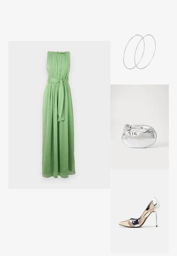 Pikk, ilma varrukatega roheline kleit, mis on valmistatud kergest kangast, kogutud kaeluse ja vöödiga, et rõhutada figuuri.; Kitsas toe kõrge kontsaga kingad, millel on hõbedane, kuldne ja nude värvilahendus. Läikiv viimistlus lõikekujundusega, stiletto konts.; Hõbedane metallikoti kott pehme, ümar kuju ja sõlme ülemise sulgemisega. Valmistatud siledast kunstnahast materjalist.; Hõbedased rõngastikkaehingad minimalistlikus disainis. Ümar kuju, sile tekstuur ja õhuke profiil. Kerged ning poleeritud viimistlusega.