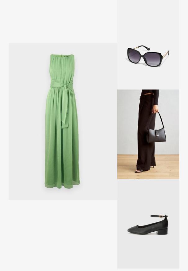 Dolga, brezrokavna zelena obleka iz lahkotnega materiala z nabranim izrezom in pasom za poudarjeno silhueto.; Črne usnjene pumpice z nazobčanimi prsti in nizko blokasto peto. Imajo trak okoli gležnja z zaponko v zlatem tonu. Gladka tekstura.; Črne prevelike sončne očala z degradacijskimi lečami, debelimi okvirji in zlatimi verižicami na ročajih.; Črna torbica z strukturirano obliko, gladko teksturo in kovinskim zaponko. Ujemajo se z širokimi črnimi hlačami in odprtimi sandali na lesenem tleh.