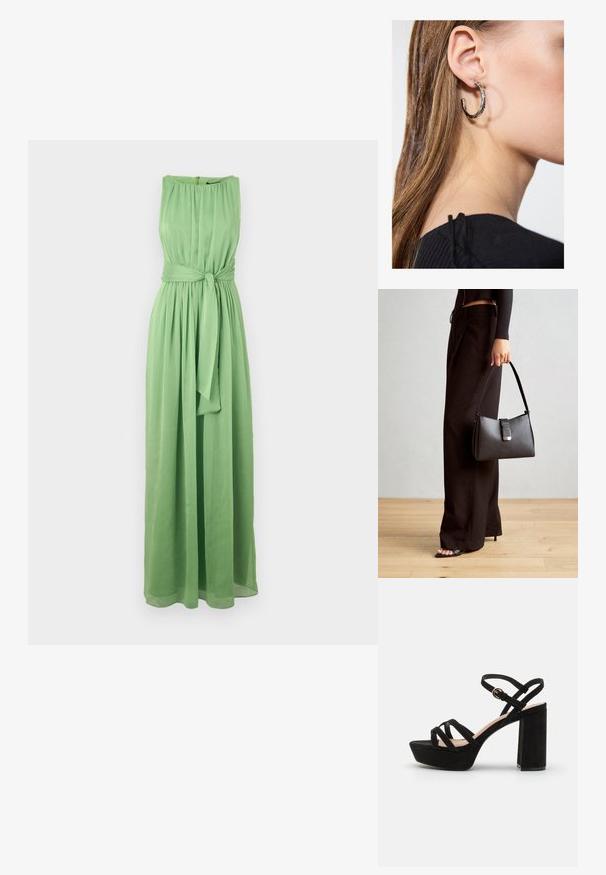 Long, sleeveless green dress made of lightweight fabric with a gathered neckline and a belted waist for a defined silhouette.; Black suede platform sandals with a block heel, featuring criss-cross straps and a buckled ankle strap for secure fit.; Black handbag with structured shape, smooth texture, and a metallic clasp. Paired with wide black pants and open-toe sandals on wooden floor.; Silver hoop earring with a polished finish, featuring small gold accent details and a round shape, worn on the lobe.