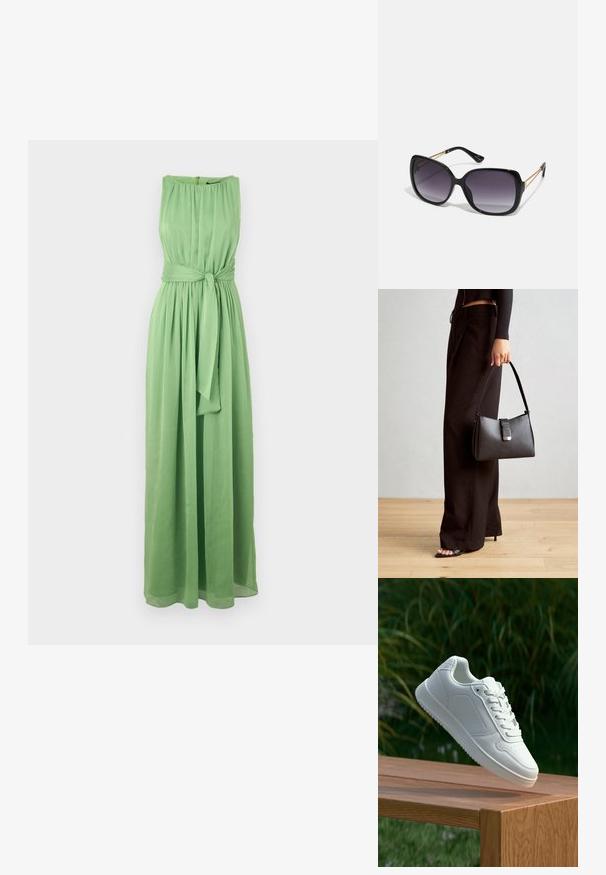Long, sleeveless green dress made of lightweight fabric with a gathered neckline and a belted waist for a defined silhouette.; White sneaker with a smooth synthetic upper, perforated toe box, flat laces, and a textured sole, displayed on a wooden surface.; Black oversized sunglasses with gradient lenses, thick frames, and gold-tone chain detailing on the temple arms.; Black handbag with structured shape, smooth texture, and a metallic clasp. Paired with wide black pants and open-toe sandals on wooden floor.