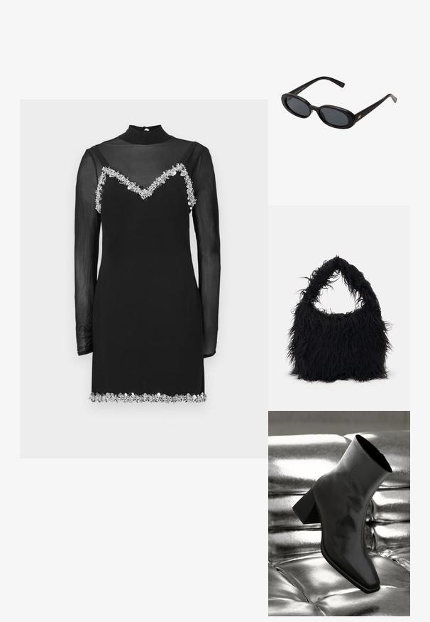 Crna haljina s prozirnim dugim rukavima, visokim ovratnikom i V-izrezom ukrašenim cvjetnim ukrasima duž prsa i ruba.; Crni gležnjača napravljena od sjajnog materijala sa četvrtastim vrhom i suženom petom, postavljena protiv srebrne sjajne pozadine sa nabranim uzorkom.; Crne velike sunčane naočale s ovalnim staklima, glatkim plastičnim okvirom i zlatnim detaljima na sljepočnicama. Tamna stakla pružaju zaštitu od sunca.; Even&Odd Velika torba - black