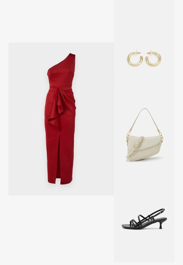 Robe rouge à une épaule en tissu lisse, avec un accent drapé à la taille et une fente latérale pour plus de détails.; Sandales à talons noirs avec plusieurs brides entrecroisées. Matériau lisse, bout pointu et talon étroit. Bride de cheville ajustable avec boucle.; Petit sac à main crème avec une finition texturée, une longue sangle réglable, un accent en chaîne et une fermeture à rabat. Détails en matériel doré.; Boucles d'oreilles en or avec une finition lisse et brillante. Design circulaire présentant un petit clou et une attache transparente pour un port sécurisé.