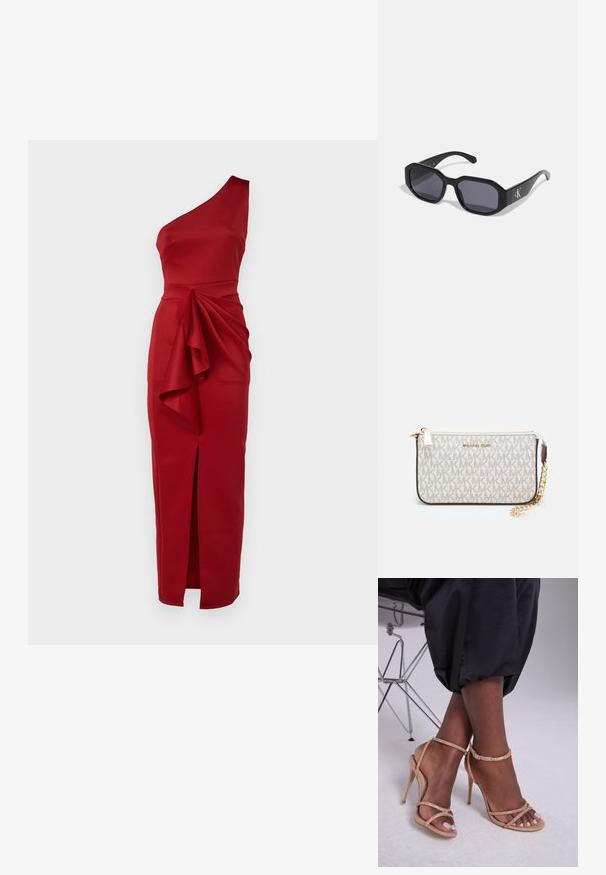 Rød, en-skulder kjole lavet af glat stof, med en drapering ved taljen og en sideslids for ekstra detaljer.; Beige hælkiler med krystaludsmykninger, der har åben tå, tynde remme og en strømlinet silhuet.; Sorte solbriller med en ottekantet ramme, mørke linser, blank plastmateriale og en sølvfarvet logoaccent på den ene side.; Michael Kors håndleddstropp i beige belagt lær med et gentaget MK-logo mønster, guld hardware og en aftagelig kædestrop.; Guldmetalløreringe med et bølget design; glat, reflekterende overflade; asymmetrisk form; ingen synlige mønstre eller hardware.