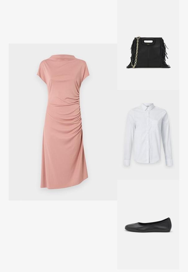 Roosa kleit pehmest kangast, millel on kõrge kaelus, lühikesed õlavarrekattega varrukad ja kokku tõmmatav detail ühelt küljelt, luues langeva efekti.; Valge pikakä sleeves särkk, mis on valmistatud puuvillast. Omab nööbiga esiosa, teravat kaelust ja vasakul küljel rinnataskut.; Musthave mustika tantsutossud mustast nahast, ümmarguse varbaga, siledast tekstuurist, minimaalse õmblusdetailiga ja paindliku tallakujundusega.; Musta nahk käekott, millel on frantsiisid, kuldne ahelsanga ja lõigatud käepide. Esiosas on logot.