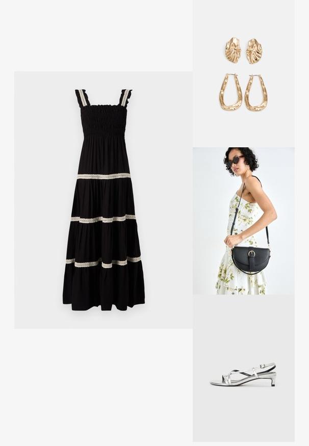 Juodas maxi suknelė su smulkintais krūtinės įdėklais, raukšlėtomis petnešomis ir smėlio spalvos nėriniais. Pasirinktinė dizaino variacija su banguojančia medžiaga.; Sidabrinės metalinės slingback basutės su žemu kulnu, turinčios kryžminius dirželius ir lygų tekstūrą. Minimalistinis dizainas.; Juodas odinis krepšys su išlenkta forma, nuimamu dirželiu ir auksiniais detalėmis. Krepšys turi kilpą su sagtimi.; Auksinės auskarai, turintys tekstūruotus, bangų formos elementus. Įeina skulptūriniai segami auskarai ir atviri lankai su išmuštu paviršiumi.