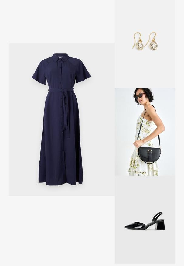 Mornarsko modra obleka s kratkimi rokavi, z gumbom na sprednji strani, ovratnikom in zavezanem pasom. Narejena iz gladkega materiala z daljšim maxi dolžinom.; Črne lakirane slingback pete s koničastim nosom in geometrijsko blokasto peto. Imajo eleganten, minimalističen dizajn in gladko teksturo.; Črna usnjena torbica s ukrivljeno obliko, z odstranljivo naramnico in zlatimi dodatki. Torbica ima pokrov s podrobnostmi v obliki zaponke.; Zlato obarvani uhani z ovalnimi prozornimi kristali, ki jih obdajajo manjši prozorni kamenčki, s sistemom za oblačenje za varno nošenje.