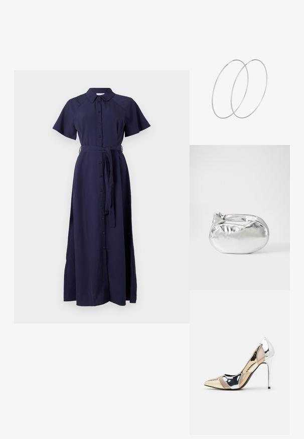 Granatowa, krótko rękawowa sukienka z guzikiem z przodu, kołnierzykiem i zawiązanym w talii. Wykonana z gładkiego materiału o długości maxi.; Czółenka na wysokim obcasie z wąskim noskiem w kolorze srebrnym, złotym i nude. Lśniące wykończenie z wycięciami, z obcasem w stylu stiletto.; Srebrna metaliczna torba worek o miękkim, zaokrąglonym kształcie i zawiązywanym z góry zapięciem. Wykonana z gładkiego materiału imitującego skórę.; Srebrne kolczyki w formie obręczy o minimalistycznym designie. Okrągły kształt, gładka faktura i cienki profil. Lekkie, z polerowanym wykończeniem.