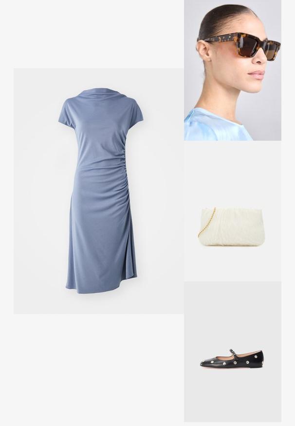 Short-sleeve dress in light blue fabric, featuring a cowl neckline and side ruching, with a relaxed silhouette and knee-length hem.; Black leather Mary Jane flat shoe with a rounded toe, featuring silver circular studs and an adjustable strap with a buckle.; Tortoiseshell sunglasses with a chunky, rectangular frame. Dark lenses and gold-tone accents on the temples. Smooth, glossy finish.; White textured clutch bag with a gathered design, featuring a gold chain strap. Smooth finish with subtle waves and rounded edges.