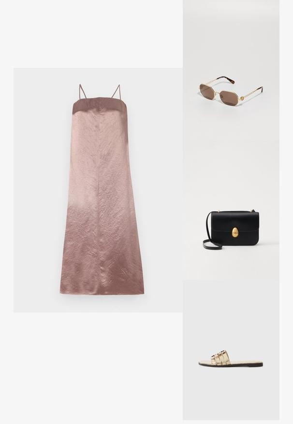 Satinová midi šaty v gradientních odstínech růžové, s tenkými ramínky a hladkým, mírně mačkaným povrchem, s rovnou siluetou.; Zlaté skluzavky na nohy s třemi horizontálními pásky. Plochá podrážka a hladká textura materiálu, s otevřenou špičkou.; Tory Burch Sluneční brýle - shiny gold-coloured; Černá kožená kabelka se strukturovaným obdélníkovým tvarem. Obsahuje zlatou oválnou sponu a tenký ramenní popruh. Hladký povrch.
