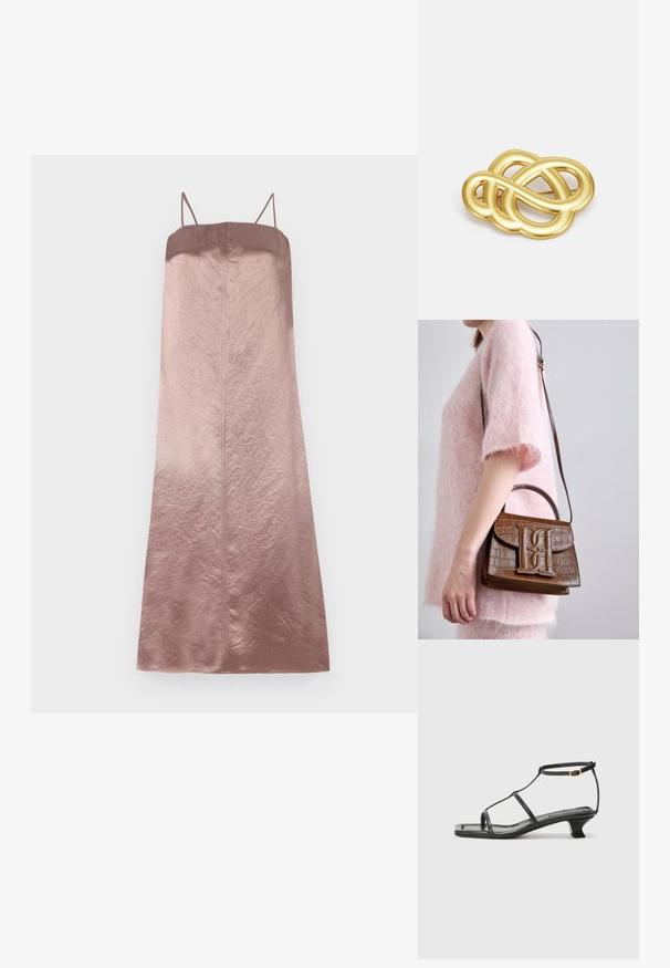 Satin midi haljina u gradijentnim nijansama ružičaste, s tankim trakama i glatkom, blago naboranom teksturom te ravnim siluetom.; Crne kožne sandale sa kvadratnim vrhom, tankim trakama, podesivom trakicom oko gležnja i niskom petom. Imaju mali zlatni detalj na traci.; Smeđa torba od krokodilske kože s gornjom ručkom i naramenicom. Ima istaknuti logo na prednjem preklopu. Mekana tekstura.; Broš u zlatnoj boji s čvorastim dizajnom, glatkim, zaobljenim linijama i složenim oblikom, koji odražava sjajnu površinu.