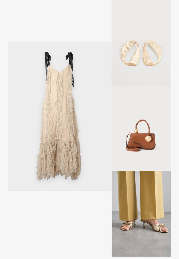 Ida Sjöstedt DAISY GOWN - Maxikjoler - light beige; Stuart Weitzman FELICITY BOW SLIDE - Mules med hæl - platino; Brun læderhåndtaske med et bølget design, der har to cirkulære guldaccenter og en aftagelig skulderrem til alsidig bæremulighed.; Et par uregelmæssige ovalformede øreringe i guldtonet metal med en tekstureret, let hamret overflade på en hvid baggrund.